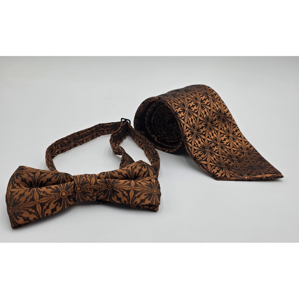 Enzo Brunatti Men's Bronze Black Geometric Floral Necktie and Bow Tie Set